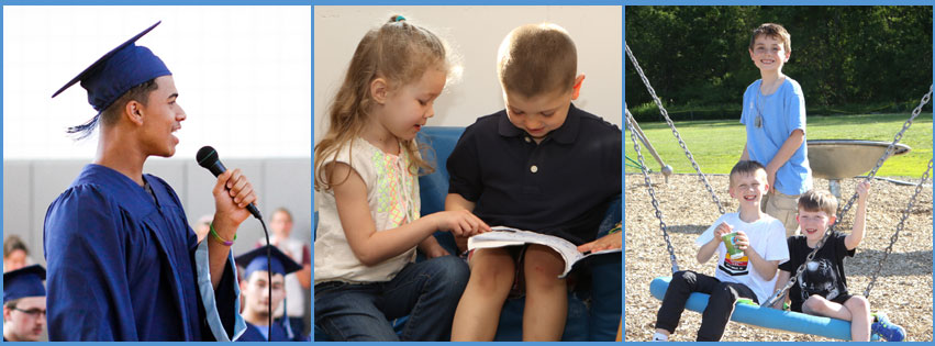 Students at graduation, in classroom, and in playground
